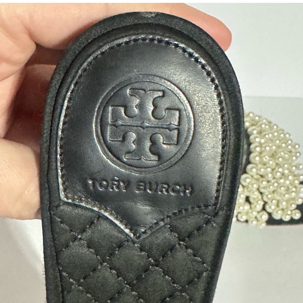 Tory Burch Tatiana Black and White Pearl Sandals - Picture 7 of 10